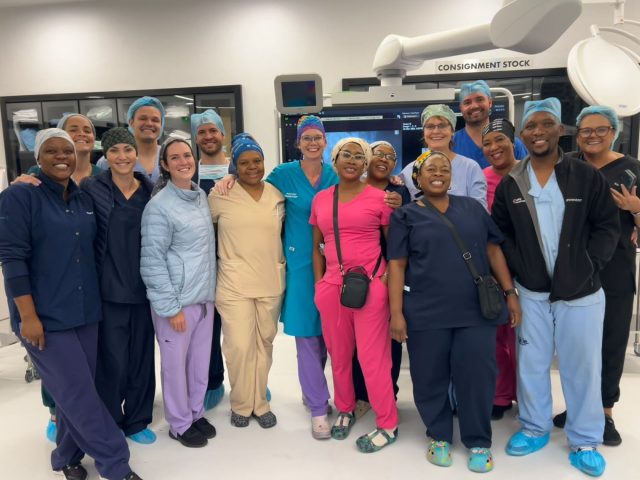 Vascular Surgeons Prof Asha Malan (centre), Dr Sam Letsoara and Dr Wikus Mulder pictured with the theatre teams from Life Rosepark Hospital and Univers